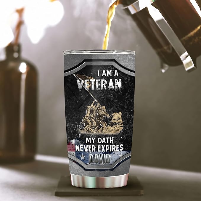 WAZONE Personalized Military Tumbler Custom Name 20 30oz I Am A Veteran My Oath Never Expires Bald Eagle Patriotic Themed Gift For Veterans Army Men Inspiration Insulated Cup Fourth Of July
