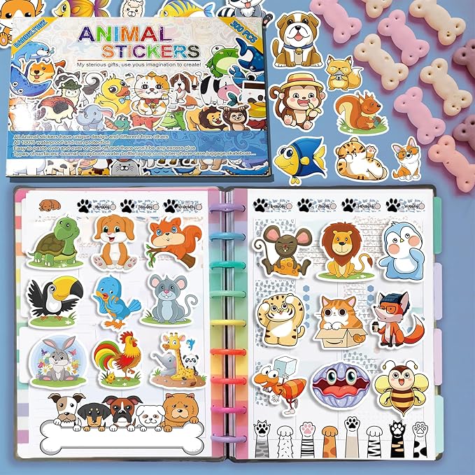 300 PCS Animal Stickers for Kids, Cute Waterproof Vinyl Stickers for Water Bottles, Laptops, Scrapbooks, and Classroom Rewards, Animal Cartoon Stickers Pack with Gift Box for Girls Boys Teens