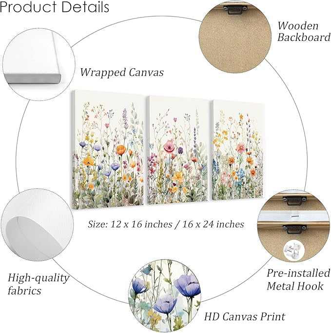 WRFON Wildflower Canvas Wall Art Set of 3, Unframed Botanical Floral Watercolor - Image 7