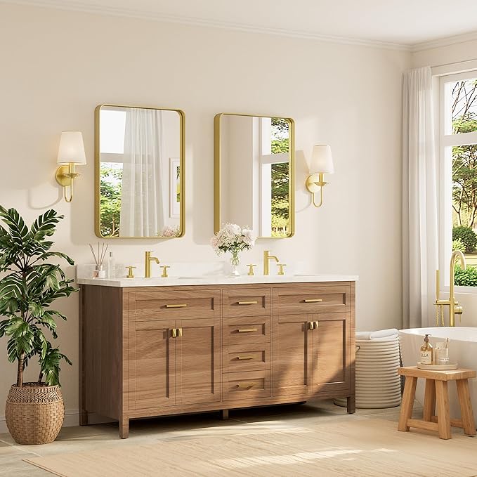 TETOTE Brushed Gold Bathroom Mirror, 24 x 32 Inch Metal Framed Mirror, Brushed - Image 2