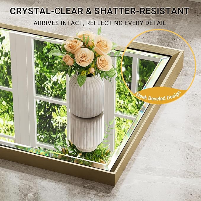 16''x 60'' Tall Brushed Gold Bathroom Mirror, Beveled Gold Frame Mirror - Image 4