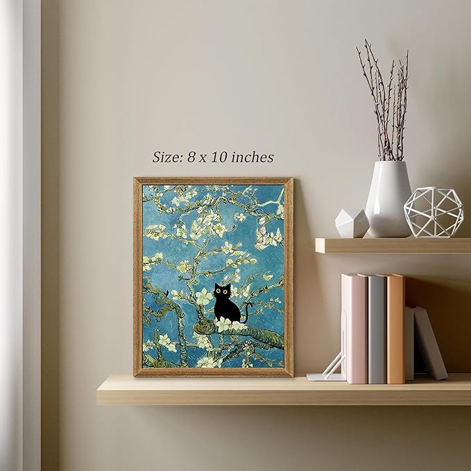 Fantasy Artists Van Gogh's Almond Blossom Funny Black Cat Canvas Wall Art - Image 2