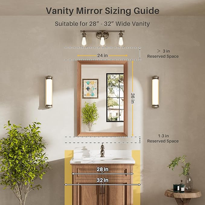 24x36 Inch Bathroom Mirror for Wall, Anti-Rust Walnut Wood Grain Metal Framed - Image 2