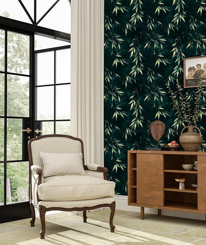 Dark Bamboo Leaves Peel and Stick Wallpaper, Moody Leaf Design Self Adhesive - Image 2