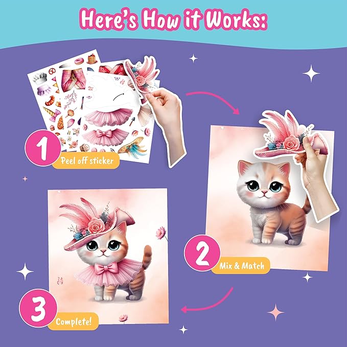 Sticker Dress Up Kitten - Kids Activity Book Learn Fashion Design for Kitten with Guides and 270+ Reusable Stickers. Christmas Gift for Girls Ages 5,6,7,8