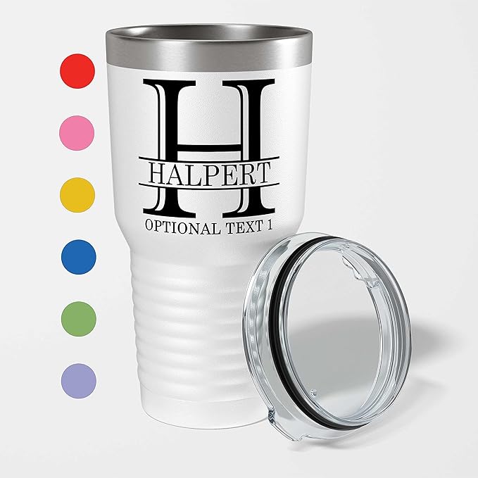 Personalized Printed 30oz Insulated Powder Coated Stainless Steel Tumbler with Lid, Custom Printed, White, Halpert