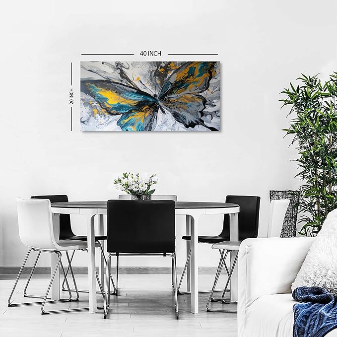 Abstract Butterfly Wall Art Teal Grey Yellow Butterfly Wall Decor Modern Marble - Image 2