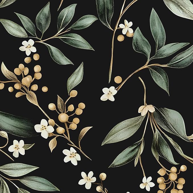 Black Green Floral Peel and Stick Wallpaper, 17.5" x 197" Vintage Dark Green by VOLEAARWALLPAPER