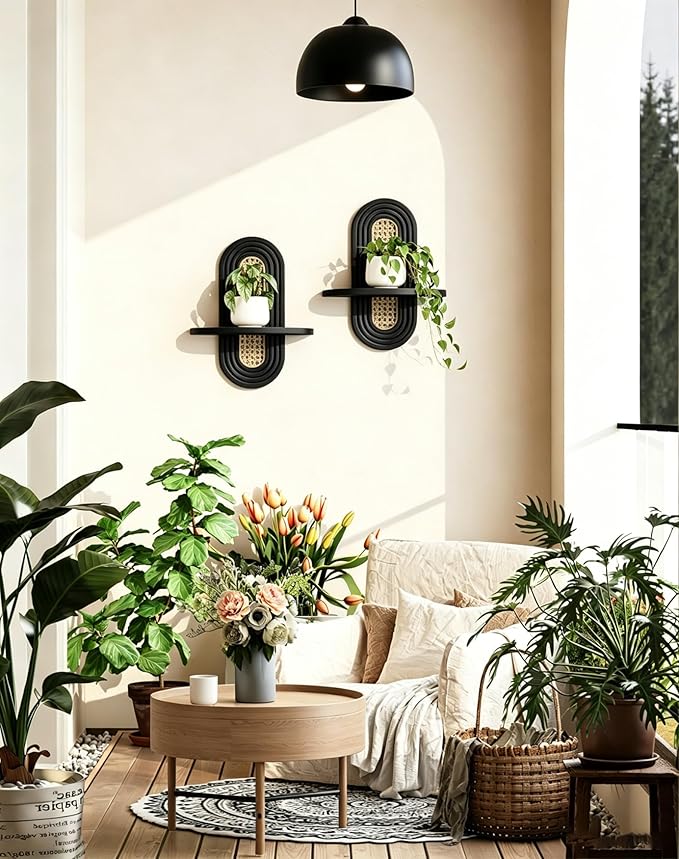 Floating Shelves for Wall, Boho Home Wall Decor, Rattan Plant Shelf Set of 2 - Image 2