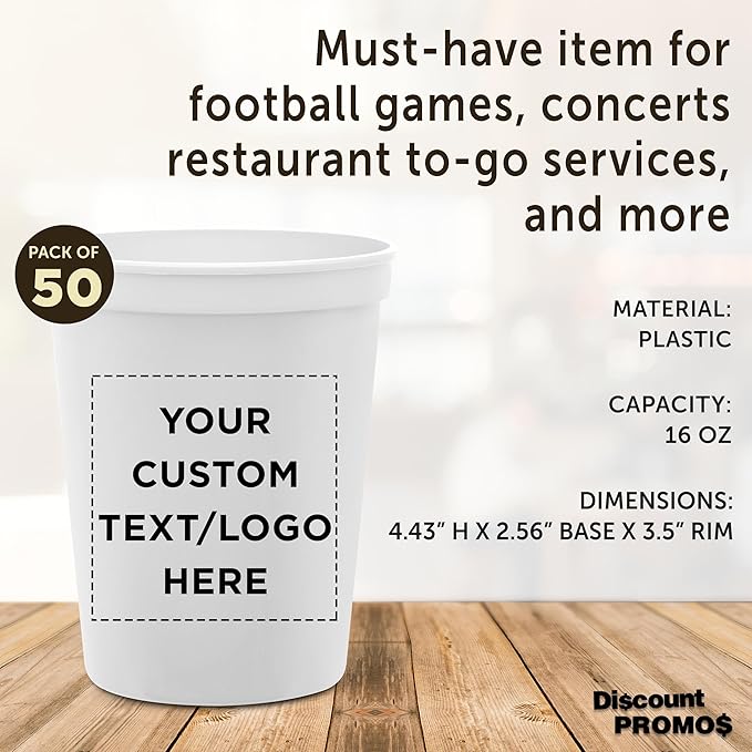 DISCOUNT PROMOS Custom Plastic Stadium Cups 16 oz. Set of 50, Personalized Bulk Pack - Perfect for Birthdays, Weddings, Picnic, Beach, Parties - White