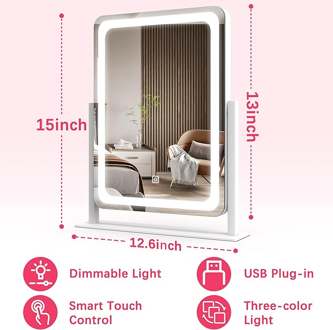 ROLOVE Vanity Mirror with Lights, 12.6"x15" LED Makeup Mirror with Lights - Image 2