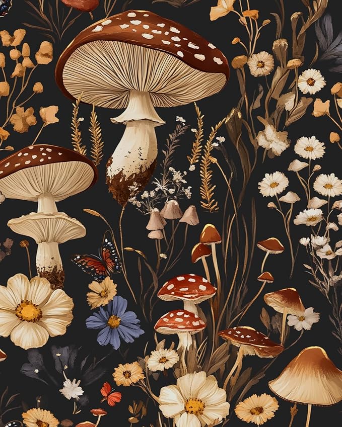 BOKEBEVE Peel and Stick Wallpaper Mushroom Wallpaper Vintage Floral Contact by BOKEBEVE