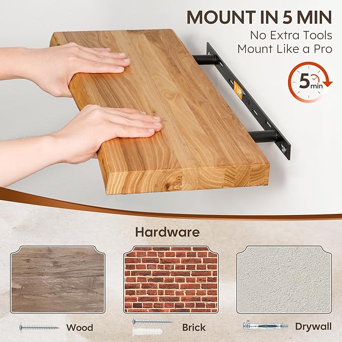 Floating Shelves Set of 2, Solid Elm Wood Wall Shelves 36 Inch - Image 5