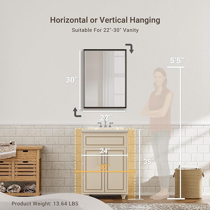 Black Framed Mirror for Bathroom, 22x30 Inch Black Rectangle Beveled Bathroom - Image 5