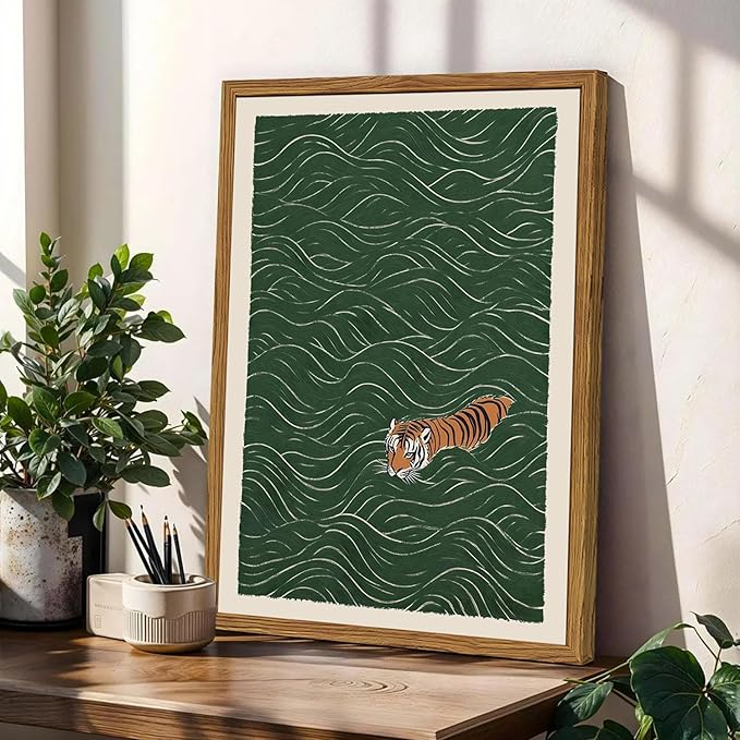 Framed Japanese Tiger Wall Art, Vintage Tiger Swimming Pictures Wall Decor - Image 2
