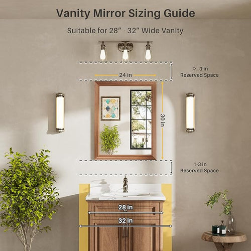 24x30 Inch Bathroom Mirror for Wall, Anti-Rust Walnut Wood Grain Metal Framed - Image 2