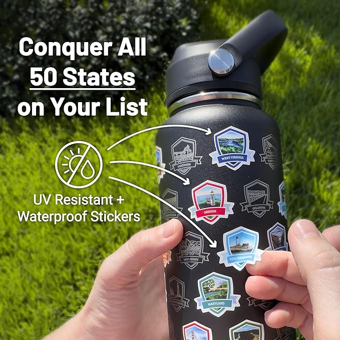 BlueTrail 50 States Water Bottle with Stickers - 32 oz Insulated Stainless Steel, Upgraded Leak-Proof Lid, UV & Waterproof Permanent Stickers, Laser Engraved 50 States of the USA (Copper Glow)
