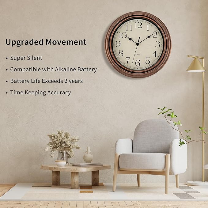 Foxtop Vintage Copper Wall Clock 12 Inch Silent Non Ticking Battery Operated - Image 3