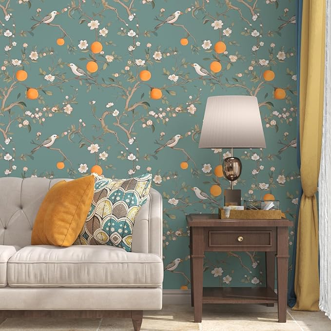 Green Floral Wallpaper Peel and Stick, Birds & Orange Fruits Contact Paper - Image 6