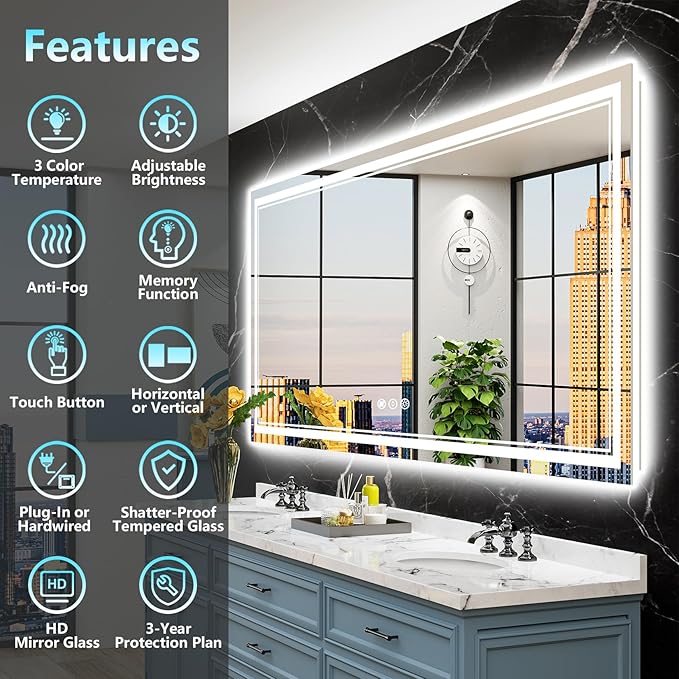 84x40 LED Bathroom Mirror with Lights, Backlit and Front Lit Anti-Fog Lighted - Image 2