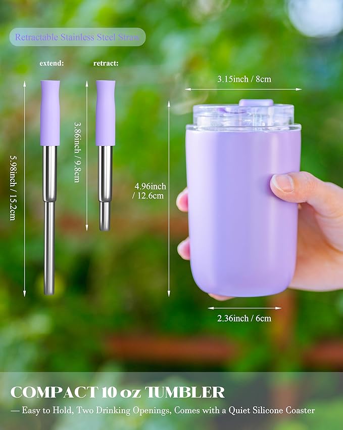 10 oz Insulated Coffee Tumblers, Travel Coffee Tumblers with Straw, Double-Wall Stainless Steel Tumbler, Leak Proof Tumbler, Reusable Cups with Lids for lced and Hot Drinks (Purple)