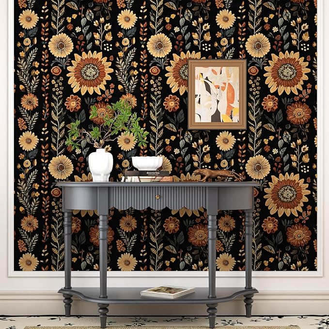 Boho Dark Floral Peel and Stick Wallpaper, Vintage Black Brown Flower Pattern - Image 7