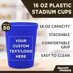 DISCOUNT PROMOS Custom Plastic Stadium Cups 16 oz. Set of 50, Personalized Bulk Pack - Perfect for Birthdays, Weddings, Picnic, Beach, Parties - Blue