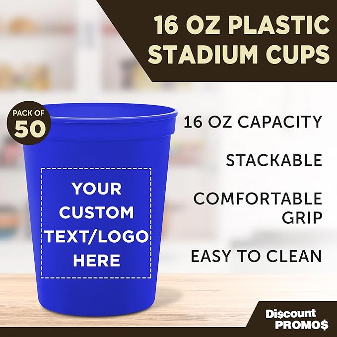 DISCOUNT PROMOS Custom Plastic Stadium Cups 16 oz. Set of 50, Personalized Bulk Pack - Perfect for Birthdays, Weddings, Picnic, Beach, Parties - Blue