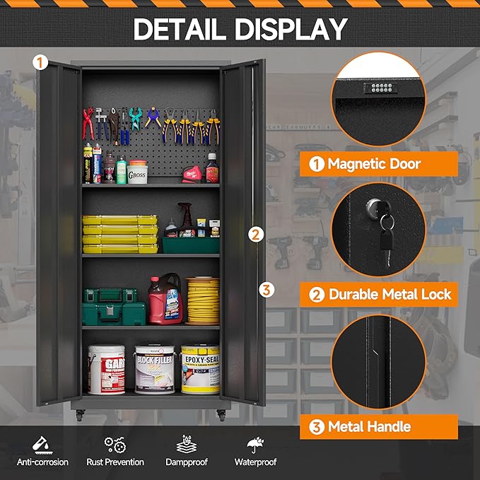 Garage Storage Cabinet with Wheels, Metal Storage Cabinet with 2 Doors and - Image 7