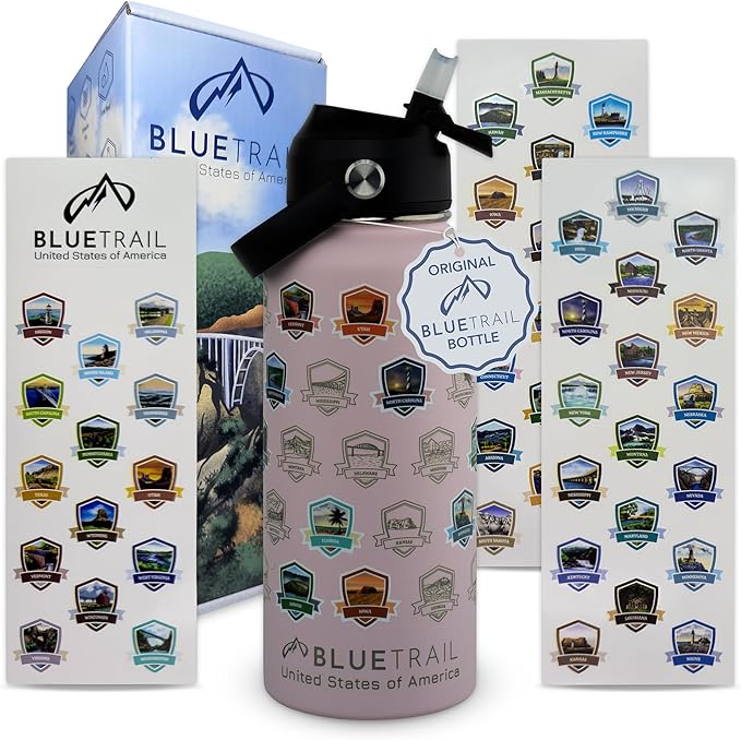 BlueTrail 50 States Water Bottle with Stickers - 32 oz Insulated Stainless Steel, Upgraded Leak-Proof Lid, UV & Waterproof Permanent Stickers, Laser Engraved 50 States of the USA (Pink Parchment)