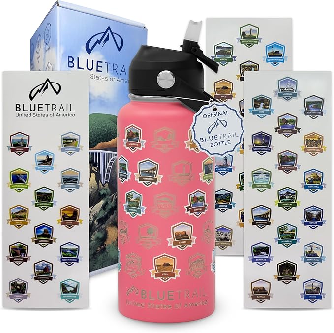 BlueTrail 50 States Water Bottle with Stickers - 32 oz Insulated Stainless Steel, Upgraded Leak-Proof Lid, UV & Waterproof Permanent Stickers, Laser Engraved 50 States of the USA (Coral Crush)