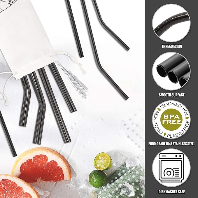 Hiware 12-Pack Black Stainless Steel Straws Reusable with Case - Metal Drinking Straws for 30oz and 20oz Tumblers Dishwasher Safe, 2 Cleaning Brushes Included