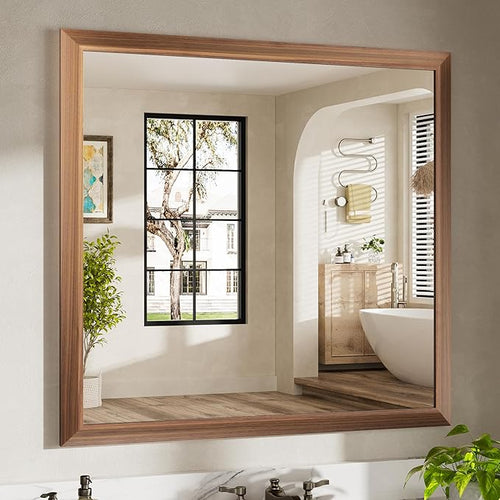 40x38 Inch Bathroom Mirror for Wall, Anti-Rust Walnut Wood Grain Metal Framed by Briivuemodernmirrors