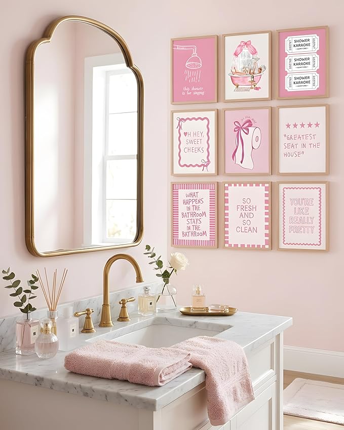tgguytiy 9Pcs Pink Bow Bathroom Wall Art Prints, Coquette Bowknot Aesthetic - Image 5