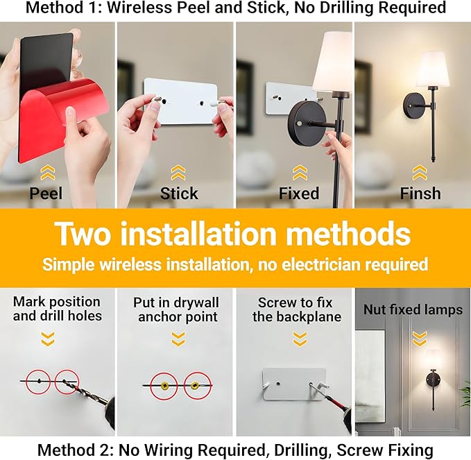 Vimhou Peel and Stick Wall Sconces, Stick On Wall Sconce Set of 2, Battery - Image 3