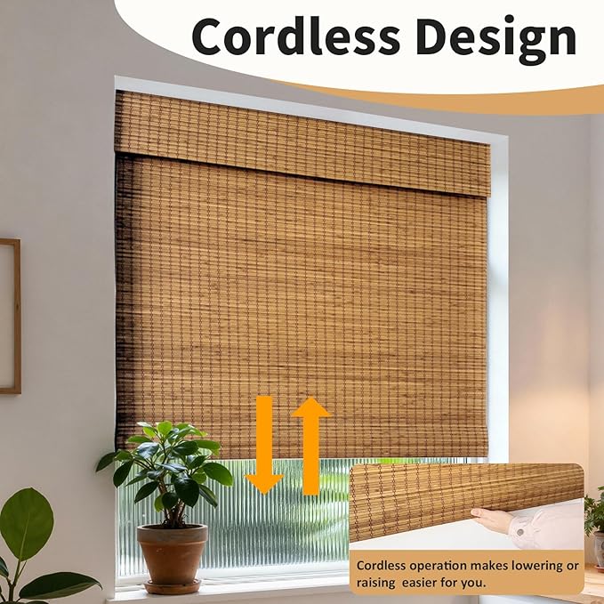 Cordless Bamboo Roman Shades 38x64in, Light Filtering Bamboo Blinds - Image 3