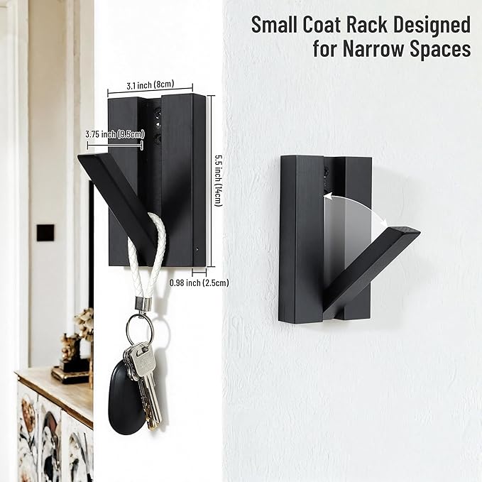 Folding Wall Hooks 4Pack: Black Modern Wooden Coat Hooks Mount - Image 2