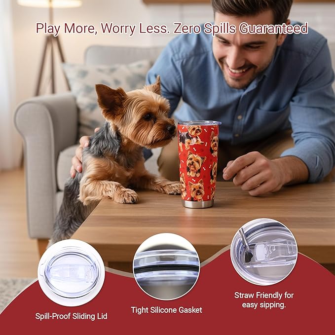 Yorkie Gifts Tumbler 20oz - Stainless Steel Insulated Cup with Lid & Straw, Dog Lover Gift for Women Men