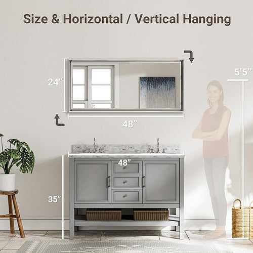 48x24 Beveled Silver Bathroom Vanity Mirror, Shatterproof Large Rectangle Metal - Image 2