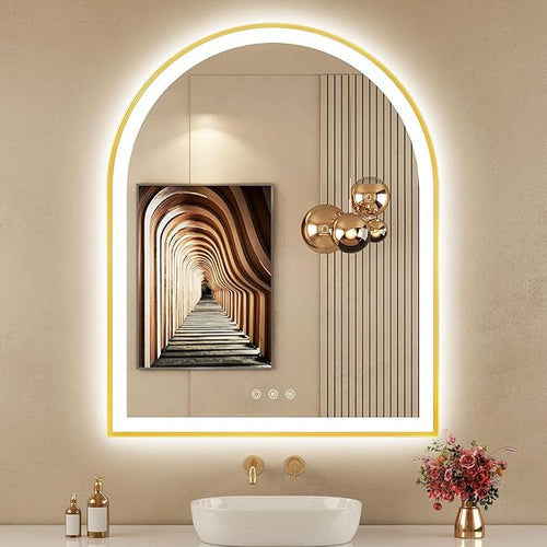 30"x36" Arched LED Mirror for Bathroom, Brushed Gold Lighted Bathroom Mirror by OUMUSUMIRROR