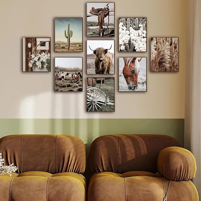 tgguytiy 9 Pcs Western Vintage Farmhouse Poster Canvas Wall Art Highland cattle - Image 4