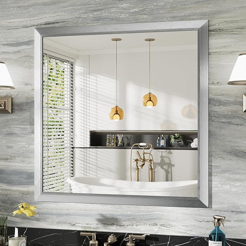 36x36 Inch Brushed Silver Bathroom Mirror by Briivuemodernmirrors