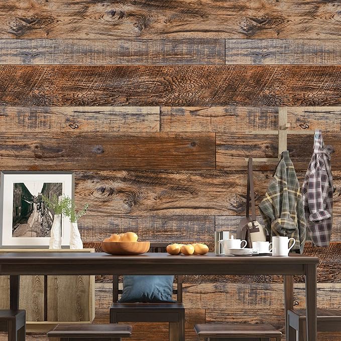 WENMER 17.71" x 394" Brown Wood Peel and Stick Wallpaper Shiplap Self Adhesive - Image 3