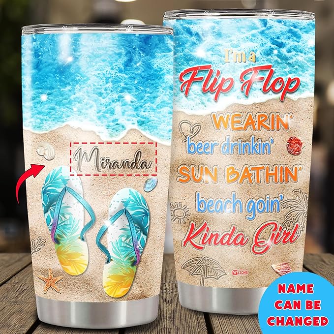 WAZONE Personalized Beach Tumbler With Name 20oz 30oz Stainless Steel Summer Gifts Ideas For Sunbathing Sea Turtle Starfish Lovers Ocean Themed Insulated Cup Customized Gift Travel Mug