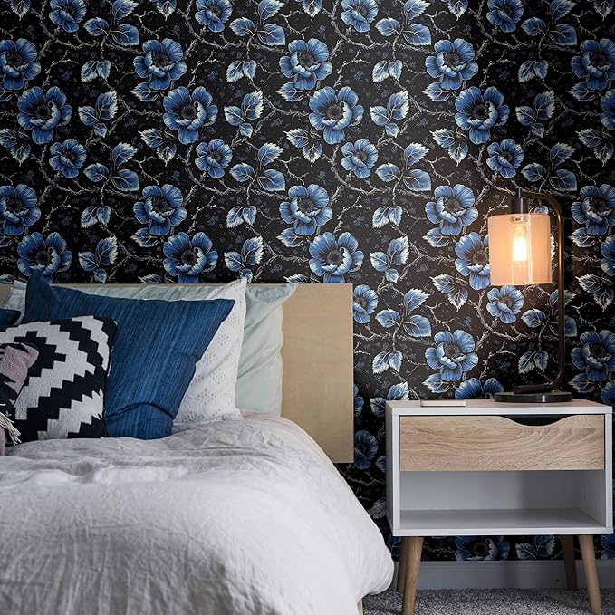 FLFK Floral Wallpaper Peel and Stick Dark Blue Flower Wallpaper 16" x 128" - Image 6