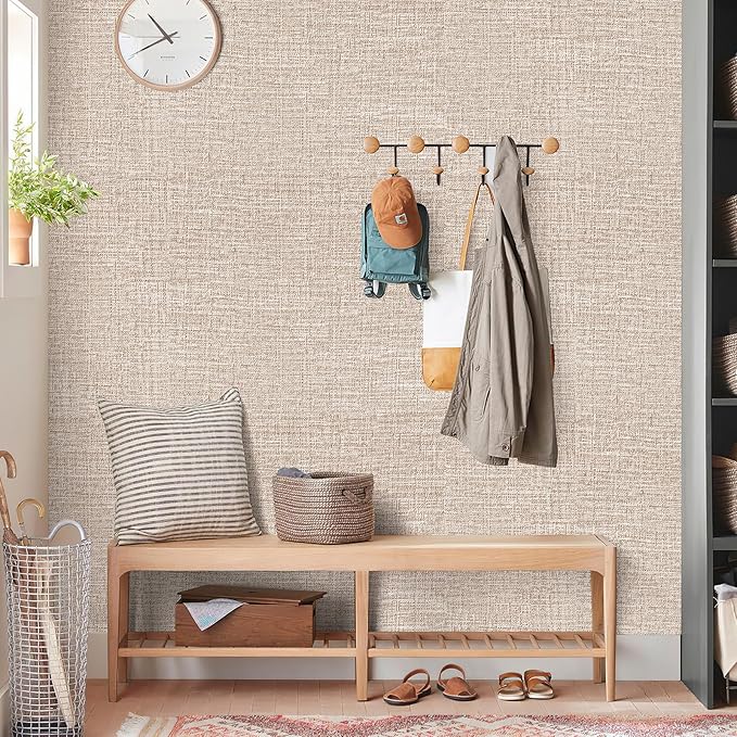 Amiya Grasscloth Khaki Wallpaper Peel and Stick Tan Faux Fabric Linen Contact - Image 4