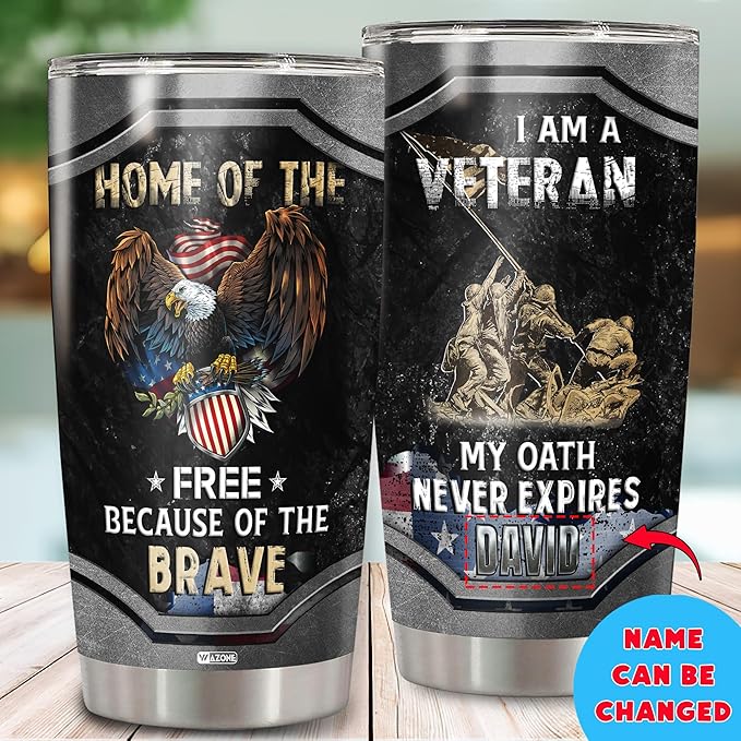 WAZONE Personalized Military Tumbler Custom Name 20 30oz I Am A Veteran My Oath Never Expires Bald Eagle Patriotic Themed Gift For Veterans Army Men Inspiration Insulated Cup Fourth Of July