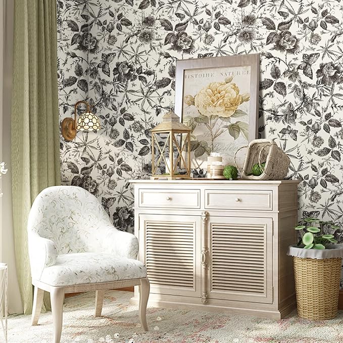 JiffDiff Floral Vintage Wallpaper Peel and Stick Wall Stick Black and White - Image 7