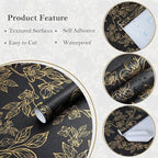 Ismoon Peel and Stick Wallpaper Black and Gold Stick on Wallpaper Dark Floral - Image 9