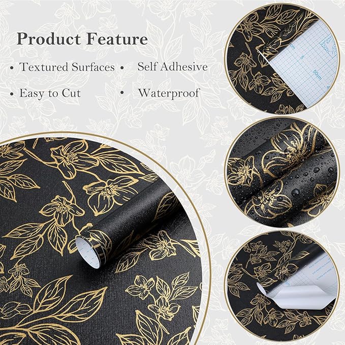 Ismoon Peel and Stick Wallpaper Black and Gold Stick on Wallpaper Dark Floral - Image 9